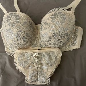 38DD Balconette beige, white, silver bra with matching bikini sz OX Adore Me